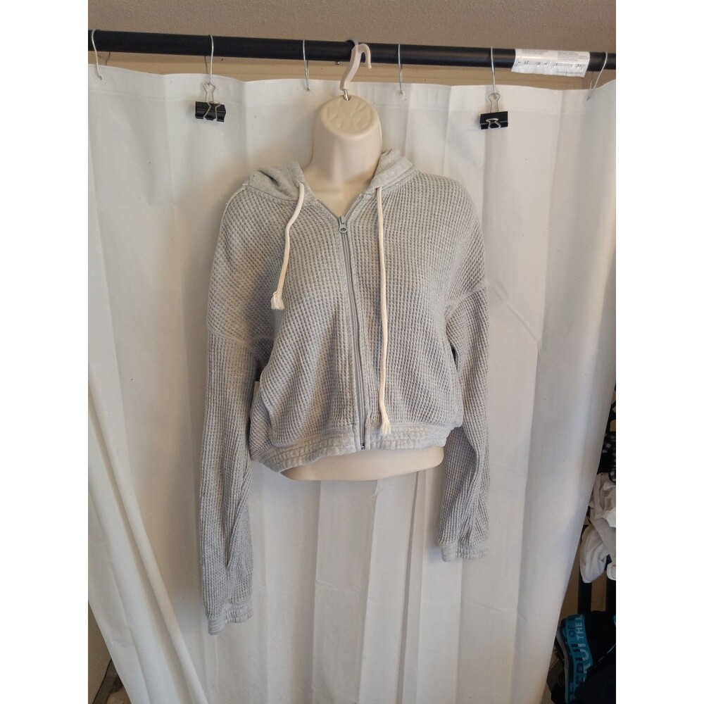 Aerie light gray cropped waffle-knit full-zip hoodie Sz S